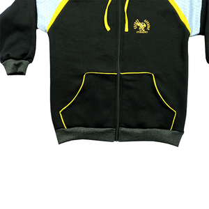 Sweat-shirt à capuche noir pour femme, avec empiècements jaunes, logo brodé, manches longues, en polaire polyester/coton - Product Image 6