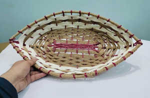 Small oval woven <b>basket</b> with natural fiber and decorative pattern Rustic handwoven <b>table</b> <b>basket</b> for storage - Product Image 3