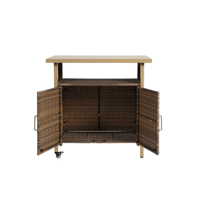 Carrello Bar da Esterno in Vimini con Ruote, Tavolo Bar Mobile in Rattan con Piano in Vetro per Servizio Vini su Patio e Veranda - Product Image 5