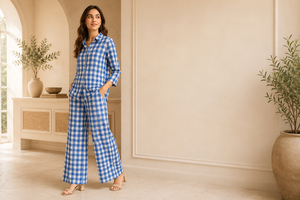 Ensemble de pyjama classique pour femme en coton écologique à carreaux, vêtements de détente de luxe, chemisier ample à boutons et pantalon large, vente en gros - Product Image 2