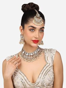 Conjunto de Collar y Pendientes con Diseño de Flor de Moissanita en Aleación de Zinc Chapado en Oro, Inspirado en Bollywood Indio, Joyería Étnica para Mujer - Product Image 6