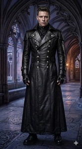 Black Leather Trench Coat Men Long <b>Gothic</b> Coat Double Breasted Leather Overcoat Victorian Style Coat Cosplay Winter <b>Jacket</b> - Product Image 1
