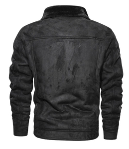 <b>Men's</b> Black <b>Suede</b> Biker <b>Jacket</b> Polyester Lining Windproof Eco-Friendly Breathable Winter Moto Coat Stand Collar Zipper Closure - Product Image 2