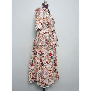 Nouvelle Robe d'été pour femme en pur coton, faite main, imprimée à la main à l'encre indienne, motif floral, ceinture intégrée, écologique, avec dentelle, best-seller - Product Image 5