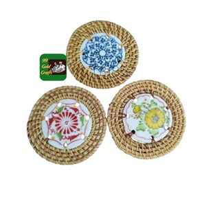 HANDMADE BEST SELLING ROUND SHAPE RATTAN <b>COASTER</b> WITH <b>CERAMIC</b> AND MOTHER OF PEARL INLAY FROM VIETNAM COMPANY - Product Image 1
