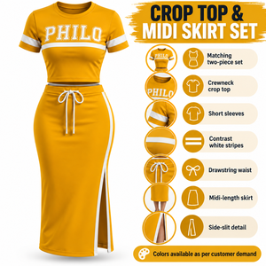 Ensemble deux pièces Philo pour femme, 100 % coton écologique, jaune moutarde, robe moulante mi-longue, manches courtes, col montant, cordon de serrage - Product Image 6