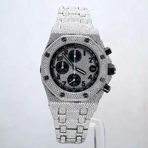 Montre chronographe automatique de luxe sportive en acier inoxydable avec boîtier et bracelet entièrement sertis de moissanite, noir, style Hip Hop - Product Image 1