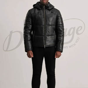 Veste d'hiver matelassée en cuir noir pour homme, avec capuche, en similicuir rembourré, parka chaude pour homme - Product Image 4