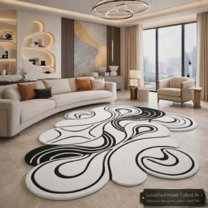 Alfombra Contemporánea de Lana Negra y Blanca con Diseño Abstracto Curvo, Alfombra de Lujo Suave y Afelpada, Moderna, Hecha a Mano, Decorativa para Sala de Estar - Product Image 5