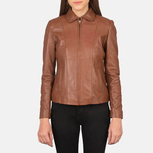 Women's Brown Genuine <b>Leather</b> Moto <b>Jacket</b> Turn-Down Collar Zipper Closure Slim Fit Autumn Style For Women - Product Image 5