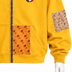 Sweat-shirt à capuche zippé oversize en tissu doré patchwork, avec motif imprimé, style streetwear décontracté pour homme - Product Image 6