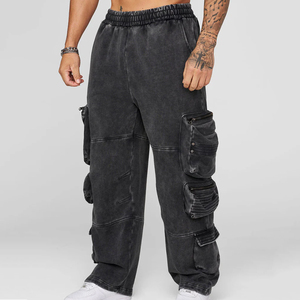 Pantalon cargo en coton délavé pour homme, coupe ample, plusieurs poches, taille élastique, style hip-hop, longueur intégrale, couleur unie, pour l'automne - Product Image 1