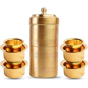Ensemble Dabara en laiton finition brillante, traditionnel du sud de l'Inde, avec tasse à café filtre et soucoupe, pour la décoration de la maison, la cuisine, les cadeaux et les objets de collection - Product Image 1