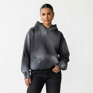 Women's Oversized Hoodie Distressed Acid Wash Pullover <b>Drop</b> Shoulder Sweatshirt with <b>Sun</b> faded Effect - Product Image 2