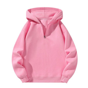 Pink Unisex <b>Hooded</b> <b>Fleece</b> Half Zipper Oversized Casual Solid Color Pullover 100% Cotton Winter Streetwear Hoodie - Product Image 1