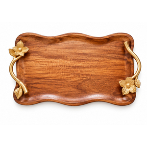 Bandeja de Servir de Madera de Mango de Lujo Hecha a Mano con Asas de Latón con Forma de Hoja de Ginkgo, Centro de Mesa Decorativo Rectangular - Product Image 5