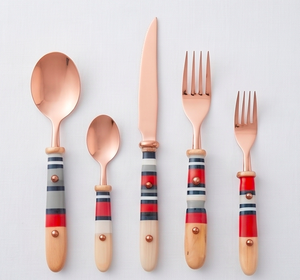 Juego de cubiertos de cobre con mangos de madera, diseño vintage con rayas rojas y grises, apto para lavavajillas, para vajilla de fiesta - Product Image 1