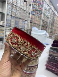 Luxury Traditional Floral Embroidered Eco-Friendly <b>Lace</b> Trim Zari Bead Work <b>Red</b> Fabric for Bridal Wear Sarees Couture Garments - Product Image 5