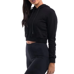 Women's <b>Black</b> Cropped Hoodie Long Sleeve Solid Color Knitted Sweatshirt With Pockets Autumn Wear - Product Image 3