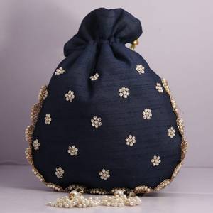 Handmade Customizable <b>Navy</b> Blue Silk Potli <b>Purse</b> with Gold Floral Embroidery and Pearl Beadwork Drawstring Closure for Wedding - Product Image 2