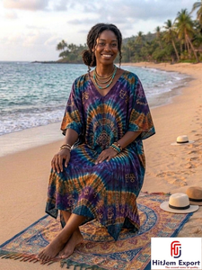 Women Printed <b>Kaftan</b> Dress Loose Fit Comfortable Beach Wear Lightweight Fabric Stylish <b>Summer</b> Custom Bulk Manufacturing Supply - Product Image 5