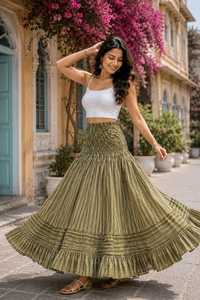Vestido de gala bohemio para mujer, verde oliva, a rayas, con cintura natural, fruncido, hecho a mano, estampado a mano, largo hasta el suelo, de algodón, con vuelo escalonado - Product Image 6
