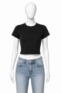 Camiseta Corta de Cuello Redondo Vintage para Mujer, Manga Corta, Color Negro Sólido, Informal, Ajustada, Tejido de Punto Jersey, 100% Algodón, Primavera - Product Image 4
