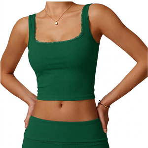 Top Corto Rosa para Mujer con Cuello Cuadrado y Ribete de Encaje, Transpirable, para Yoga, Color Sólido, Soporte Medio - Product Image 6