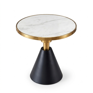 Mesa Auxiliar Moderna de Mármol Blanco con Borde Dorado Cepillado y Base de Pedestal Cónico de Metal Negro Mate, Muebles al por Mayor - Product Image 2