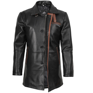 Veste en cuir véritable noire pour homme de qualité supérieure, mi-longue, style business décontracté, trench-coat, coupe-vent d'hiver, coupe ajustée, vêtement d'extérieur en cuir - Product Image 3