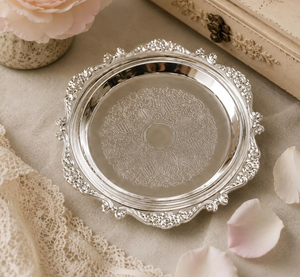 Custom Logo Metal Embossed Aluminium Silver Plate <b>Dinner</b> Wedding Round Decorative Cake Charger Plates and Cup - Product Image 6