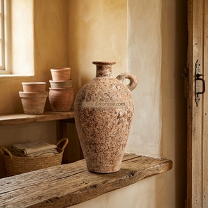 Vase anneau rustique en terre cuite avec poignée, urne décorative artisanale en céramique, pot en terre cuite pour table, vente en gros - Product Image 2