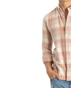 Chemise en coton à carreaux rose pêche et blanc pour homme, manches longues, boutonnée, décontractée, coupe ajustée, fabrication OEM, qualité supérieure - Product Image 3