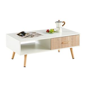 Tavolo da caffè rettangolare bianco moderno con gambe in legno massello e cassetto scorrevole per soggiorno - Product Image 6