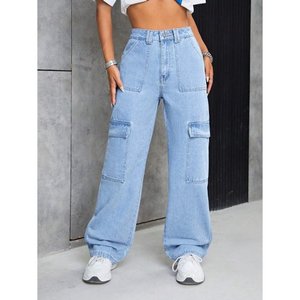 กางเกงยีนส์เดนิมยืดทรงคาร์โก้สีน้ำเงิน Urban Ice Blue สไตล์ Y2K ทรงสูง ทนทาน เป็นมิตรกับสิ่งแวดล้อม หรูหรา หลายกระเป๋า ทรงปกติ เหมาะสำหรับใส่เดินเล่นในเมือง - Product Image 1