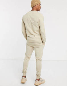 Survêtement en coton beige pour homme, col rond, manches longues, couleur unie, style décontracté, coupe classique, taille élastique, poches latérales - Product Image 5