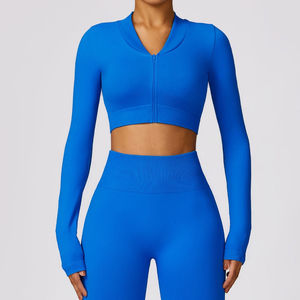 Women's <b>Cropped</b> Stand Collar Yoga Jacket Slim Fit Workout <b>Zip</b> <b>Up</b> with Windproof Panels Breathable Running Cover for Outdoor - Product Image 1