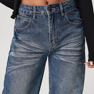 Jean en denim taille haute à jambe large pour femme, coupe ample, style vintage délavé, longueur intégrale, pantalon décontracté en coton pour l'automne - Product Image 5