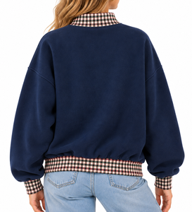 <b>Women's</b> Navy Blue <b>Christmas</b> <b>Sweatshirt</b> Candy Cane Xmas Letter Crewneck Plaid Collar Pullover - Product Image 5