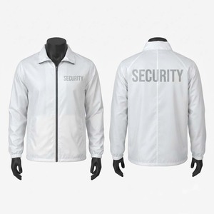 Unisex Security Leather <b>Jacket</b> 100% Polyester Taffeta 90 GSM <b>White</b> Custom Logo Embossed Print Horn Button Hooded <b>Waterproof</b> - Product Image 1