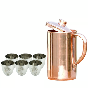 Jarra de cobre martillado a mano con asa dorada y juego de 6 vasos rectos de cobre, juego de jarras de cobre puro para la buena salud - Product Image 5
