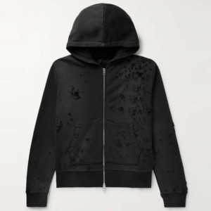 Sweat-shirt à capuche zippé noir pour homme, 100 % coton molletonné, coupe décontractée, couleur unie, anti-boulochage, design délavé, coupe-vent - Product Image 2