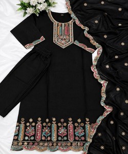 Yellow Cotton Vintage Style <b>Kurta</b> Pant Set Embroidered Dupatta Traditional Ethnic Wear <b>for</b> <b>Women</b> All Seasons 85897 SAHAJANAND- - Product Image 2