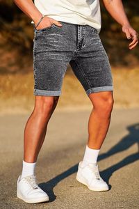 Shorts en jean délavé pour homme, taille mi-haute, coupe droite, décontracté, été, coton respirant avec poches - Product Image 2