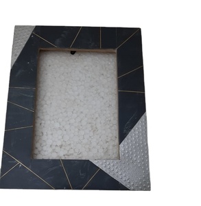 Luxury Black Resin Geometric <b>Photo</b> <b>Frame</b> Brass Line Inlay Silver Textured Accent <b>Picture</b> <b>Frame</b> Tabletop Decor - Product Image 1