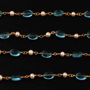 Chaîne de chapelet perlée en Apatite Sky AAA et Perles d'eau douce, forme ovale 6x7mm, plaquée or, pour la fabrication de bijoux, vente en gros - Product Image 4