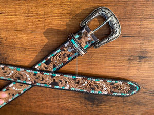 เข็มขัดหนังแท้สำหรับผู้ชายและผู้หญิง, เข็มขัดลายดอกไม้ทำด้วยมือแบบตะวันตกเข็มขัดคาดเอวหนังแท้ - Product Image 3