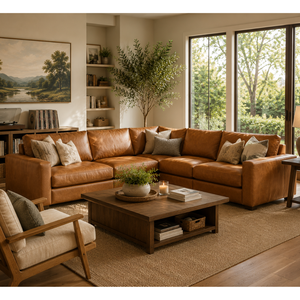 Sofá Seccional de Cuero Cognac de Lujo, Muebles Modernos para Sala de Estar Familiar con Cómodos Asientos para Conversar - Product Image 1