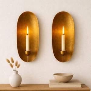 Contemporary Brass Candle <b>Wall</b> <b>Sconce</b> Set Handcrafted Metal Design Warm Ambient Glow for Living Room Bedroom Decor By UO INDIA - Product Image 1