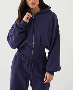 Custom Applique Embroidery Cotton Crop Tracksuit Regular Fit Winter <b>Women</b> Sportswear Warmth Drawstring Closure Hooded Sweatsuit - Product Image 2